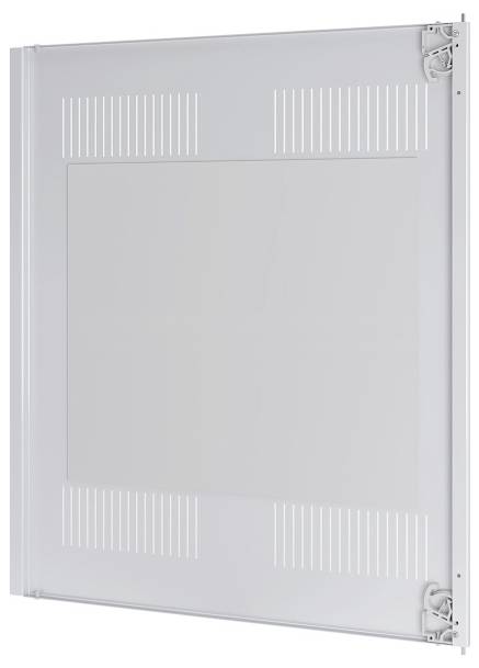 Ein großes, rechteckiges, weißes Metallpanel mit Lüftungsschlitzen und gelenkigen Verschlussmechanismen an den Ecken, vertikal montiert, möglicherweise eine Tür oder ein Deckel.