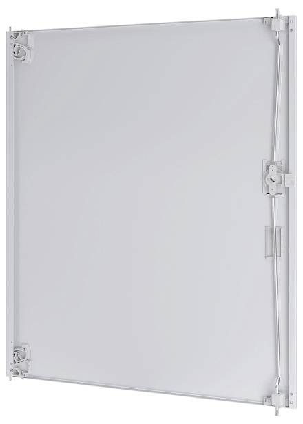 Deckenzugangsblende mit einem Metallrahmen und Verriegelungsmechanismus für Wartungszugang, aus einer Seitenansicht dargestellt.