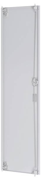 Hohe, schmale Glaspaneel mit Metalleckbeschlägen und Scharnieren an der rechten Seite, konzipiert für Befestigungs- oder Installationszwecke.