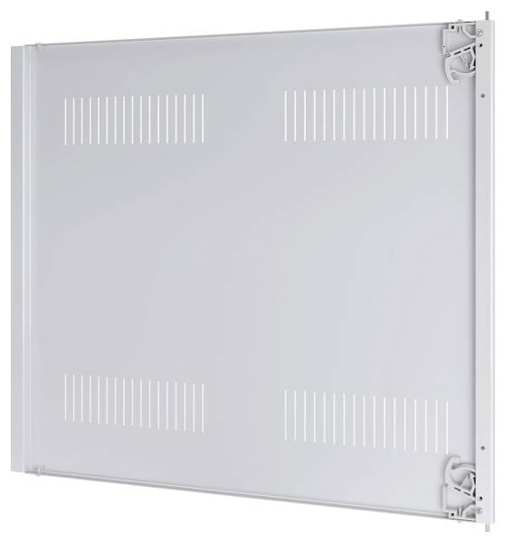 Metallische, wandmontierte Heizplatte mit seitlich montierten Bedienelementen, versehen mit vertikalen Lüftungsschlitzen für die Luftzirkulation auf weißem Hintergrund.