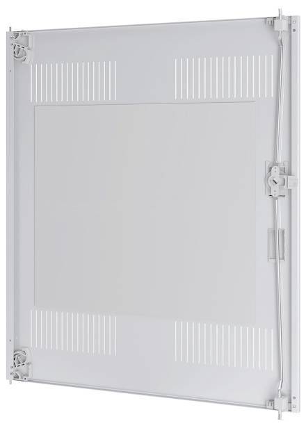 Eine weiße Metallzugangsklappe mit elegantem Design verfügt über Lüftungsschlitze und einen Schlüsselverschluss für einen sicheren und einfachen Zugang zu den dahinter liegenden Versorgungseinrichtungen.