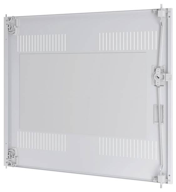 Ein weißes Metallzugangsblech mit Lüftungsschlitzen an allen Seiten und einem Schlüsselverschlussmechanismus, konzipiert für Wand- oder Deckenmontage.