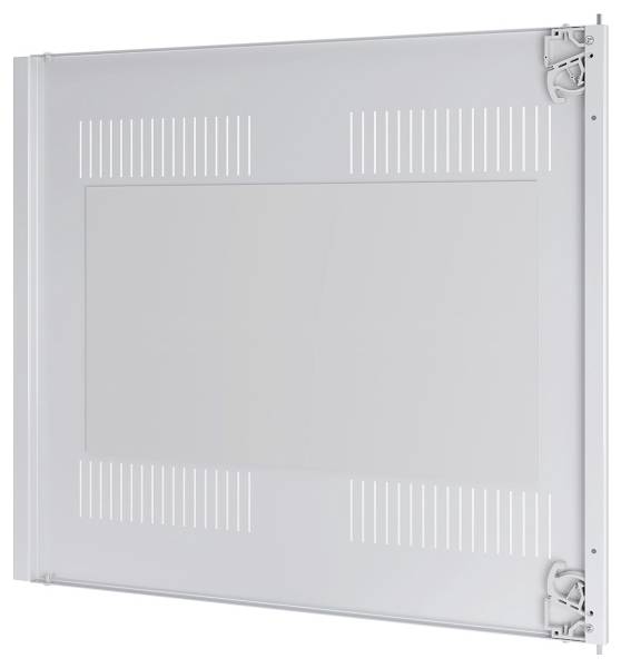 Ein großes, weißes Metallpanel mit parallelen Schlitzen, das an einem Rahmen mit Scharnieren an jeder Ecke befestigt ist, möglicherweise zur Belüftung oder als Zugangselement.