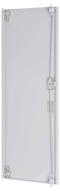 Eine weiße rechteckige Metalltür mit Scharnieren und einem Riegel an der Seite, möglicherweise für eine Elektroverteilerdose oder einen Versorgungszugang.