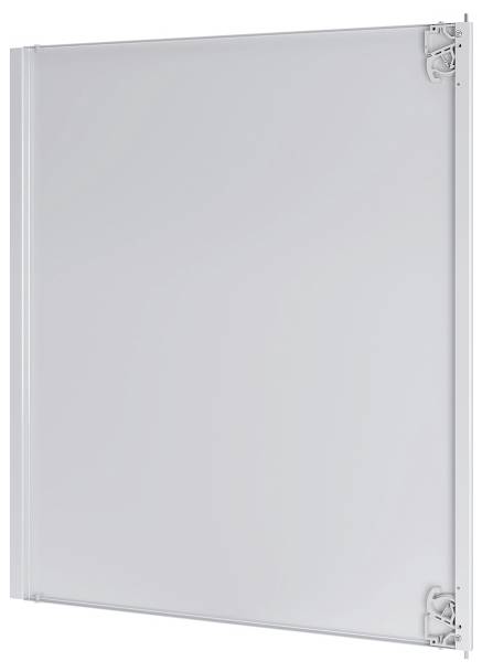 Eine glatte, schlichte weiße Oberfläche mit minimaler Rahmengestaltung, höchstwahrscheinlich eine leere Leinwand, ein Panel oder Bildschirm, der aus einem bestimmten Winkel betrachtet wird.