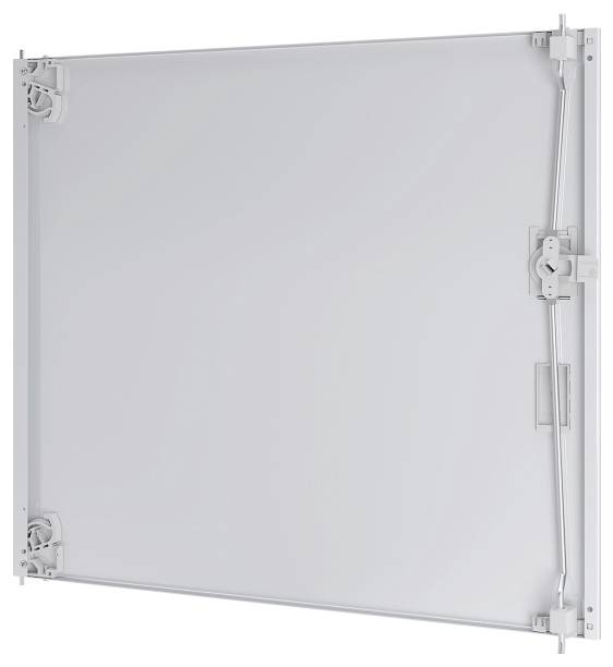 Ein quadratisches, hellgraues Zugangspanel mit elegantem Rahmen und Scharnieren, das für eine einfache Installation an Wänden oder Decken in Baukonstruktionen konzipiert ist.