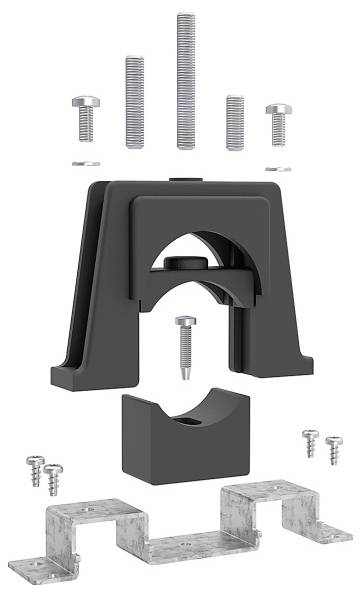 Explosionszeichnung einer Rohrschelle mit Komponenten wie Schrauben, Klemmfuß, Mitteleinsatz und Metallhalterungen, die in geordneter Reihenfolge angeordnet sind.