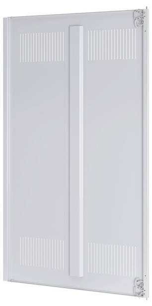 Eine vertikale, rechteckige Metalltür mit einem zentralen Griff und Lüftungsschlitzen an beiden Seiten, konzipiert für industrielle oder utility Zwecke.