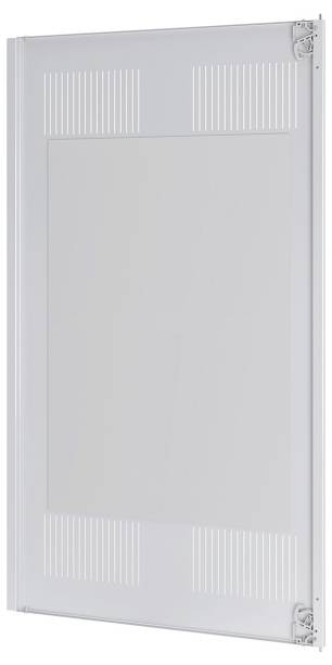 Eine weiße rechteckige Tür mit vertikalen Belüftungsschlitzen am oberen und unteren Rand, eingesetzt in einen Metallrahmen mit Scharnieren auf der rechten Seite.