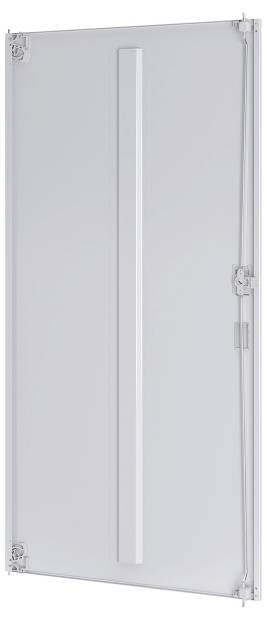 Ein rechteckiges, transluzentes Acryl-Gewächshausseitenpaneel mit einem vertikalen Stützbalken und metallischen Scharnieren an den Seiten.