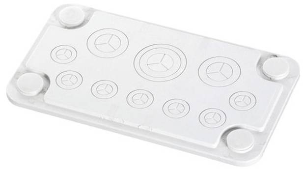 Eine rechteckige weiße Platte mit kreisförmigen Logos, die einen dreispitzigen Stern in der Mitte zeigen, angeordnet in verschiedenen Größen über die gesamte Oberfläche.