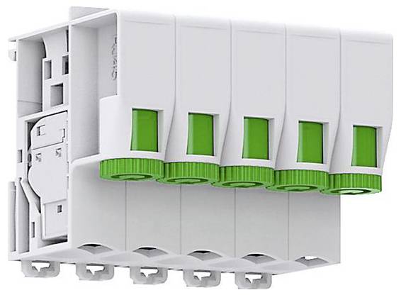 Ein weißer modularer Reihenklemmenblock mit fünf grünen Hebeln, der für elektrische Leitungsverbindungen entwickelt wurde, mit dem Ziel einer einfachen Installation und sicheren Verbindung.
