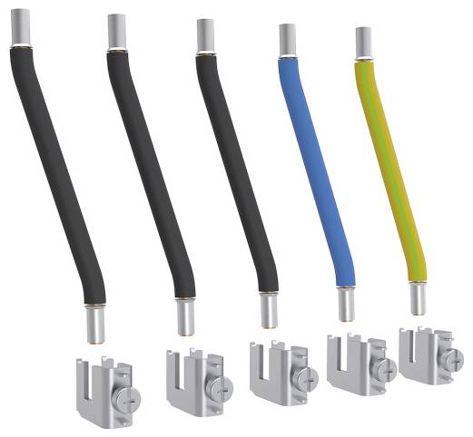 Fünf flexible Schutzrohre, drei in Schwarz, eines in Blau und eines in Grün-Gelb, sind mit passenden Metallbefestigungsklammern gepaart.