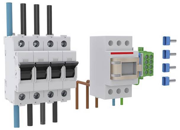 Elektrischer Leistungsschalter und Schaltanordnung mit Schrauben rechts, in einer detaillierten Explosionszeichnung dargestellt, die die Komponenten hervorhebt.