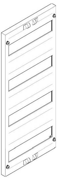 Diagramm eines rechteckigen Panels mit vier horizontalen Schlitzen und Schraubenlöchern an jeder Ecke, dargestellt in einer Perspektivansicht.