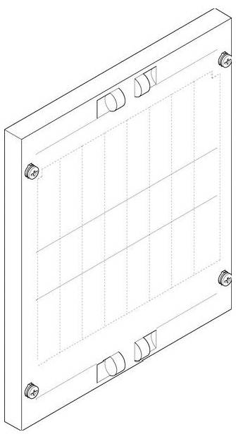 Eine Darstellung eines quadratischen Panels mit Schraubenlöchern an jeder Ecke. Das Panel weist gerasterte Abschnitte und Komponenten entlang der Kanten auf.
