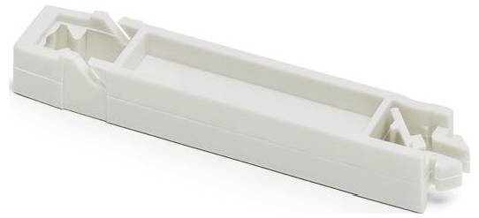 Ein weißes Plastikbauteil in rechteckiger Form mit Rillen und Clips, möglicherweise eine Halterung oder Montageanschlussstück.