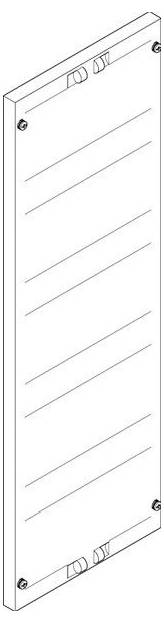 Rechteckige weiße Wandverkleidung mit horizontalen Rillen und Schrauben an jeder Ecke, die auf eine Belüftungs- oder dekorative Funktion hindeutet.