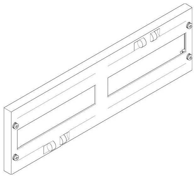 „Diagramm einer rechteckigen Metallhalterung mit mehreren Löchern und Schlitzen für Montage- oder Befestigungszwecke.