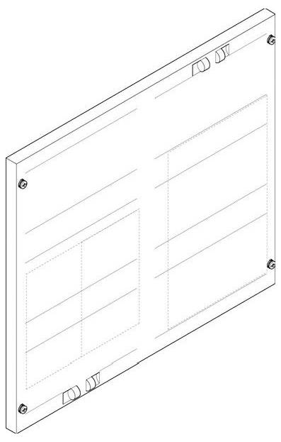 3D-technische Zeichnung eines rechteckigen Panels mit sichtbaren Anschlüssen und Montagepunkten, möglicherweise Teil eines elektrischen oder elektronischen Gehäuses.