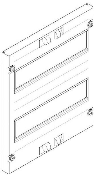 Eine 3D-Darstellung eines rechteckigen Panels mit zwei länglichen horizontalen Schlitzen und vier Befestigungsschrauben in den Ecken, möglicherweise zur Belüftung oder Montage verwendet.