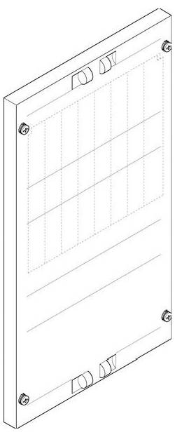 Dreidimensionale Zeichnung eines vertikalen, rechteckigen Objekts mit Gittermuster und mechanischen Komponenten, möglicherweise ein Solarpanel oder ein ähnliches Gerät.