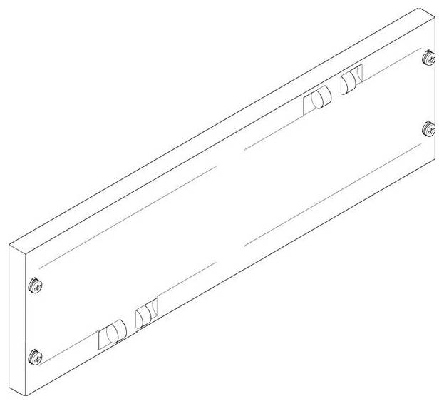 Diagramm einer rechteckigen Metallplatte mit Bolzen an den Ecken und kreisförmigen erhabenen Elementen auf einer Seite, die Montage- oder Befestigungspunkte anzeigen.