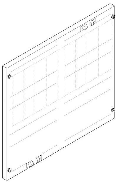 Isometrische Linienzeichnung einer wandmontierten Tafel mit Rasterlinien und Schrauben an den Ecken, die Clip-Platzierungen an den oberen und unteren Kanten zeigt.