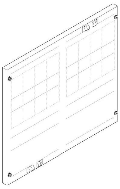 Isometrische Zeichnung einer wandmontierten Halterung mit einem Gitternetzmusters an einer Seite, die Befestigungsschrauben an den Ecken und Befestigungsclips zeigt.