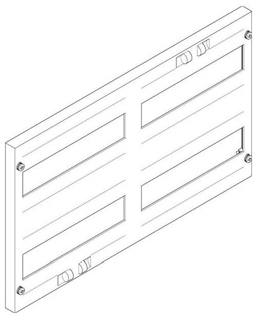 Isometrische Darstellung eines rechteckigen Panels mit vier horizontalen Schlitzen und vier Eckschrauben. Zwei Clips sind an den oberen und unteren Kanten befestigt.