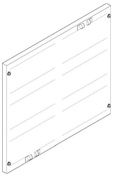 Eine Illustration eines rechteckigen wandmontierten Bretts mit vier Eckschrauben und horizontalen Linienmuster, dargestellt in einer schrägen Perspektive.