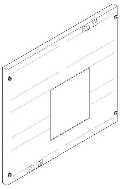 Isometrische Zeichnung eines rechteckigen Panels mit gleichmäßig verteilten horizontalen Linien und einem zentralen quadratischen Ausschnitt. Vier Befestigungsschrauben an den Ecken sind sichtbar.
