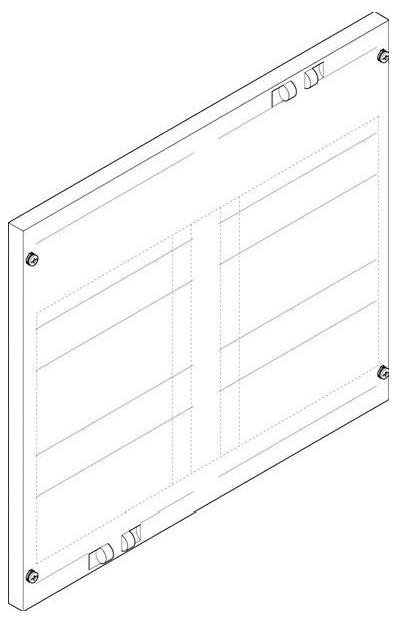 Isometrische Darstellung einer flachen rechteckigen Platte mit sichtbaren Rasterlinien, Schraubendetails an den Ecken und zwei scharnierartigen Elementen am oberen Rand.