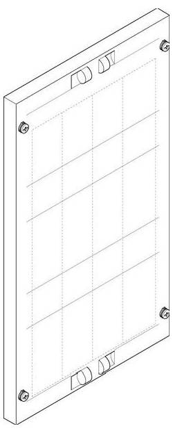 Diagramm eines rechteckigen Solarpanels mit sichtbaren Rasterlinien und Befestigungsklammern an den Ecken.