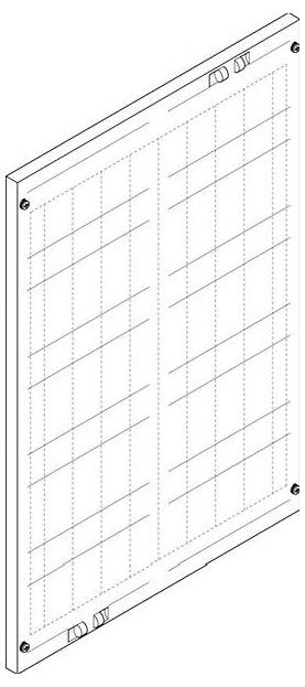 Isometrische Zeichnung eines rechteckigen Rasterpanels mit 18x12 Zoll, inklusive Befestigungsschrauben und Halterungsdetails, verwendet für strukturierte Organisation.