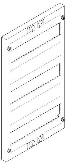Diagramm eines rechteckigen Panels mit horizontalen Schlitzen, Schrauben an den Ecken und Befestigungslaschen.