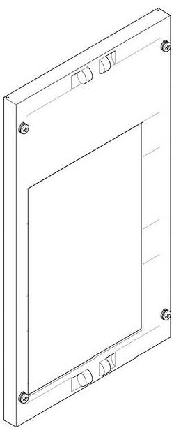 Diagramm eines wandmontierten Panels mit beschrifteten Teilen, einschließlich Tasten und Schrauben zur Befestigung. Das Panel wird in einer schrägen Ansicht dargestellt.