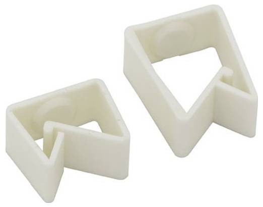 Zwei weiße, dreieckige Plastikklammern mit gezackter Kante, die zum Greifen konzipiert sind. Sie sind klein und wahrscheinlich zum Befestigen dünner Materialien gedacht.