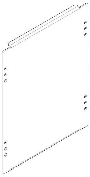 Ein vertikales, rechteckiges Metallblech mit abgerundeten Kanten und mehreren Löchern entlang zweier gegenüberliegender Seiten. Ein Lasche erstreckt sich vom oberen Rand.