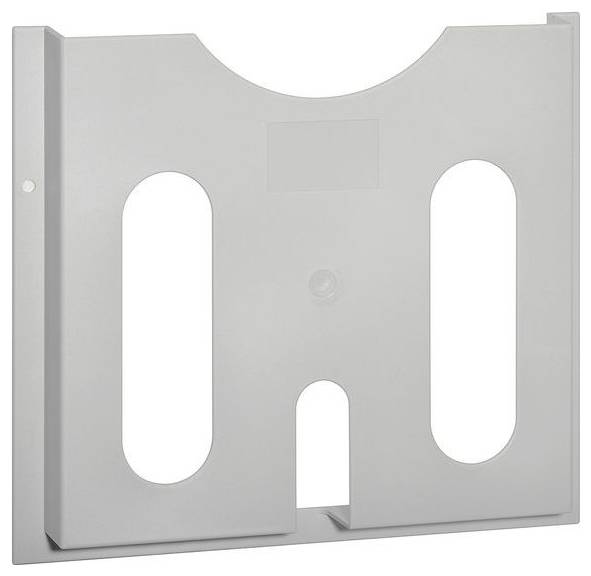 Ein grauer, wandmontierter Zeitschriften- oder Broschürenhalter mit drei großen Fächern, der darauf ausgelegt ist, Druckmaterialien vertikal zu präsentieren.