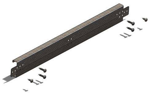 Metallunterstützungsträger mit gelochten Details, flankiert von sechs Schrauben. Jede Schraube ist rechts neben dem Träger gleichmäßig verteilt positioniert.