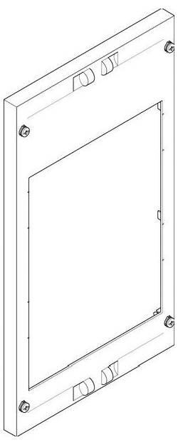 Diagramm einer rechteckigen elektrischen Unterputzdose, mit Befestigungslöchern und Kabeleinführungspunkten an den Seiten.