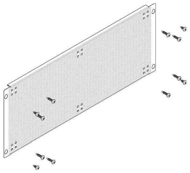 Darstellung eines Metallpanels und Schrauben mit Montageanleitungen. Das Panel verfügt über vorgebohrte Löcher zur Schraubenpositionierung.