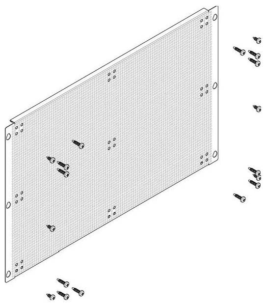 Diagramm einer Flachplatte mit acht Schrauben, die rund um die Platte positioniert sind und die Befestigungsstellen zeigen.