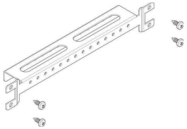 Technische Darstellung einer Metallbefestigungshalterung mit länglichen Löchern und zusätzlichen Schrauben an der Seite, die Montagekomponenten anzeigt.