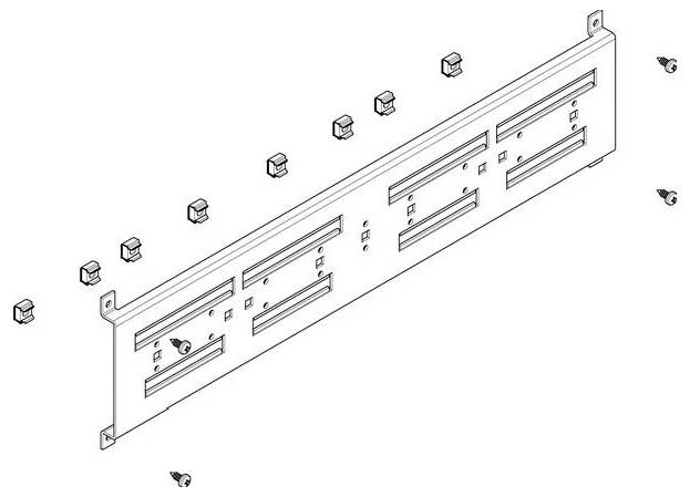 Diagramm eines Panels mit Schlitzen und Löchern, das acht kleine quadratische Komponenten und drei Schrauben in Montageposition zeigt.