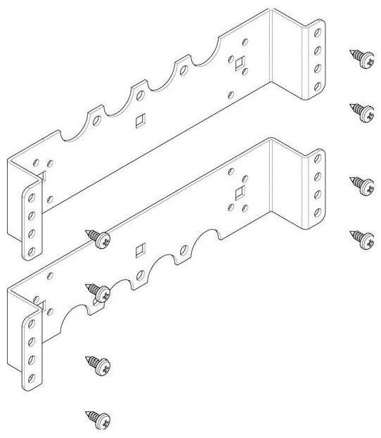 Zwei Metallhalterungen mit Löchern für Schrauben, aus verschiedenen Blickwinkeln dargestellt. Sieben Schrauben sind um die Halterungen herum platziert.