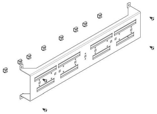 Diagramm einer Metallregalbefestigung mit mehreren Montageschlitzen und Schraublöchern, umgeben von kleinen Schrauben, die für die Montage positioniert sind.