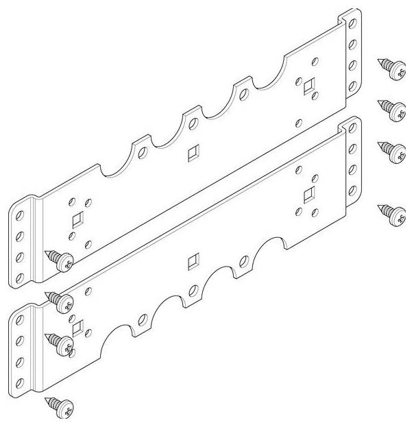 Diagramm von zwei identischen Metallhalterungen mit mehreren Löchern und Kurven, dargestellt mit sieben Schrauben zur Befestigung.