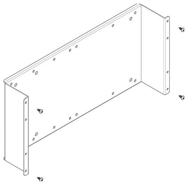 Metallhalterung Montagediagramm; große rechteckige Platte mit Flanschen an den Seiten. Befestigungslöcher vorhanden. Enthält Schrauben zur Befestigung.